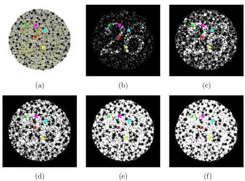 図 5.2 P 型色覚に対する条件 ∆E ij (1,P) < β を満たす画素 j の集合 (a) Chart における注目画素 i の集合（緑，マ ゼンタ，青，赤，黄色） ， (b) β = 1 ， (c) β = 3 ， (d) β = 5 ， (e) β = 7 ， (f) β = 9
