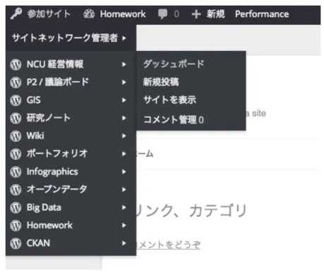 図 1 WordPress ネットワーク機能（筆者設置サイトのスナップショット）