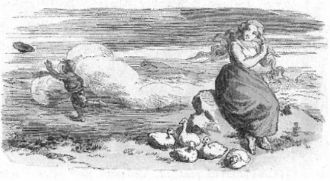 Abb. 1 5 .  MU‑00087‑Die G i i n s e m a g d ,   第 5 画面 かれている 。草原で王女が金髪の髪を編み直していると、キュルトヒェ ンがそのきれいな髪を 2・3 本、引き抜こうとする 。王女が「吹け、吹 け、風よ、キュルト坊やの帽子を飛ばしておくれ」と言う。図版では右 に座って髪を編む王女、左に風に飛ばされる帽子を追いかけて去ってい くキュルトヒェンが描かれている (Abb.1 5 ) 。 第 6画面では、キュルトヒェンから話を聞いた王子の父親の王様が、 王女