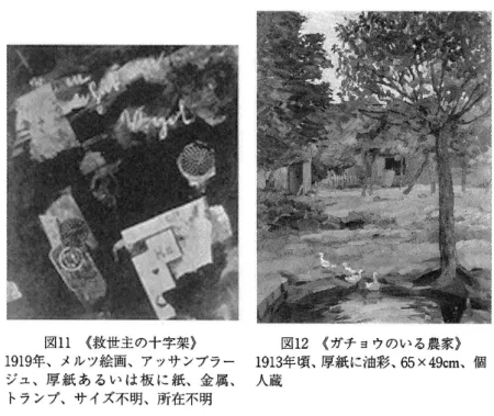 図 1 1 《救世主の十字架》 1 9 1 9 年、メルツ絵画、アッサンブラー ジュ、厚紙あるいは板に紙、金属、 トランプ、サイズ不明、所在不明 図 1 2 《ガチョウのいる農家》1913年頃、厚紙に池彩、 65x49cm 、個人蔵 十字架》 ( 1 9 1 9 年、図 1 1 ) であろう。シュペンゲマンの証言により、ヒ ナギクからは導き出せない「アンナ」の由来ははっきりするが 6 9 、板の 上に書かれていたという単語のうち、 Vogel に 付 く 不 定 冠 詞 が e i n であ ったか ein