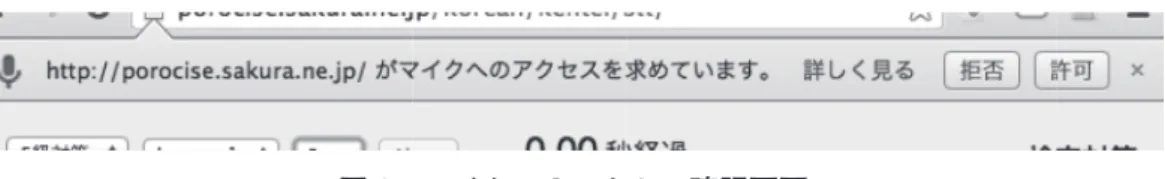 図 2 マイクへのアクセス確認画面  ここで「許可」を押すと音声認識が開始され，問題が提示されるとともに，経過時間の カウントがスタートする 11 ．画面上部に日本語が提示されるので，それに対応する韓国語 の単語をマイクに向かって発音すると，認識された結果が灰色の文字で画面に表示される （図 3）．文字が灰色の間はまだ音声認識が続いており，発音すればさらに認識内容が追加 される．発音をやめ，音声入力が途切れると，そこで認識内容が確定され，文字色が黒と なる．  確定した認識内容が正解であれば，赤い○が表示さ