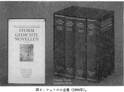 図 4：シュトルム全集 ( 1 9 8 8 年 ） 。 シュトルム自身によって公刊の決定を見た作品に関する限り，上記作品 集における小説配置の順序は，成立の年代順となっている。第 1 巻は， 1 8 6 7 年に書かれた小説で，まだ初期作品に数え入れられて然るべき諦念の 小説『聖ュルゲンにて』で終り，第 2巻は，同年に生まれた小説『画家の 或る作品』で始まって， 1 8 8 0 年までの，明確に写実主義的な特徴を帯びた 作品を内容としている。また第 3巻が集めているのは，ハーデマルシェン における 1 8 