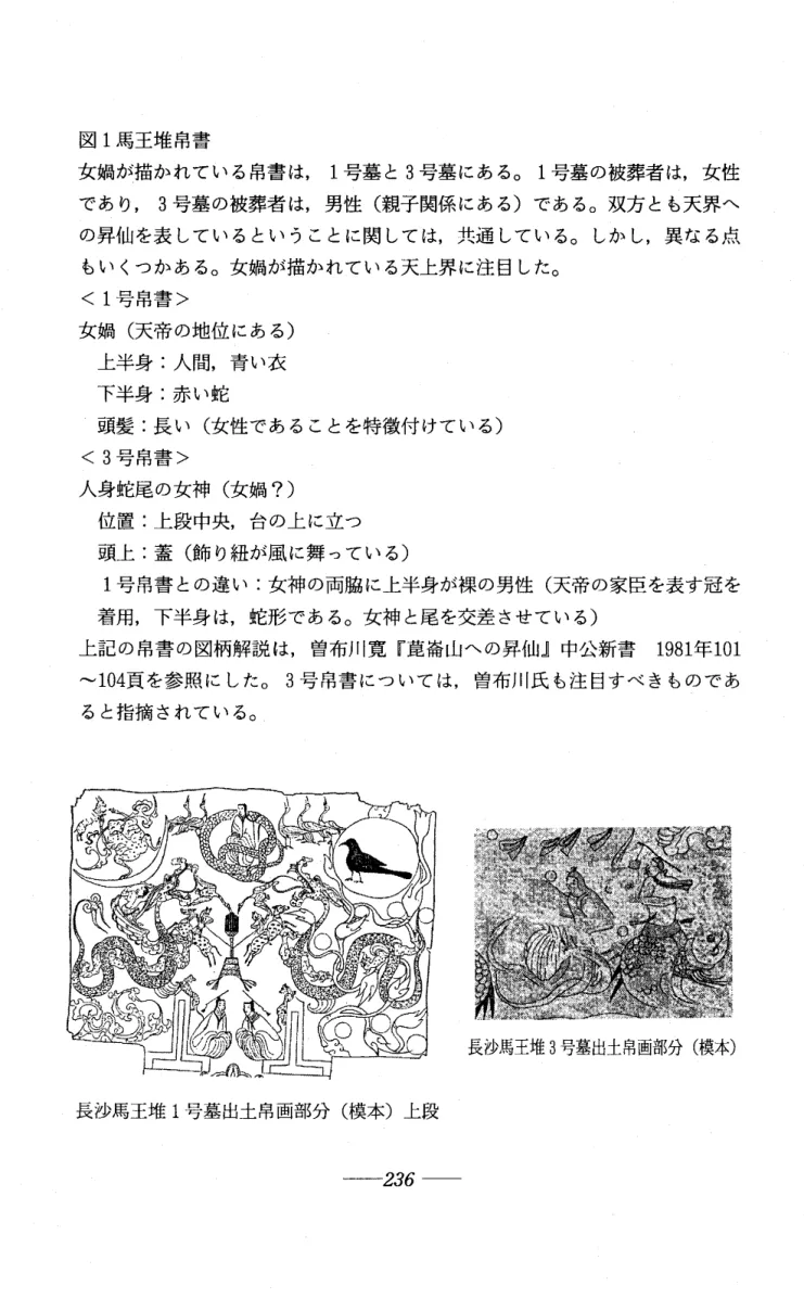 図 1 馬王堆吊書 女蝸が描かれている吊書は， 1 号墓と 3 号墓にある。 1 号墓の被葬者は，女性 であり， 3 号墓の被葬者は，男性（親子関係にある）である。双方とも天界へ の昇仙を表しているということに関しては，共通している。しかし，異なる点 もいくつかある。女禍が描かれている天上界に注目した。 く 1 号吊書＞ 女蝸（天帝の地位にある） 上半身：人間，青い衣 下半身：赤い蛇 頭髪：長い（女性であることを特徴付けている） く 3 号吊書＞ 人身蛇尾の女神（女禍？） 位置：上段中央，台の上に立つ 頭上