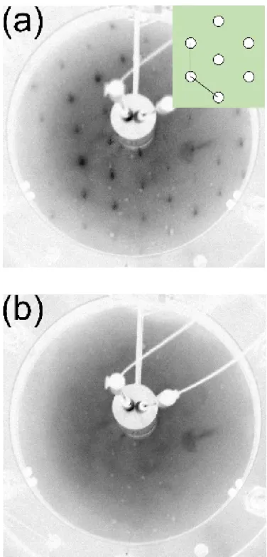 Fig. 5-2 (a) Fe 2 P(0001)清浄面における(1×1) LEED パターン。挿入図は LEED パターンの模式図。  (b) Fe 2 P(0001)を Ar + イオンスパッタリングした際の LEED パターン。入射電子線は 123 eV のエネルギーであった。 