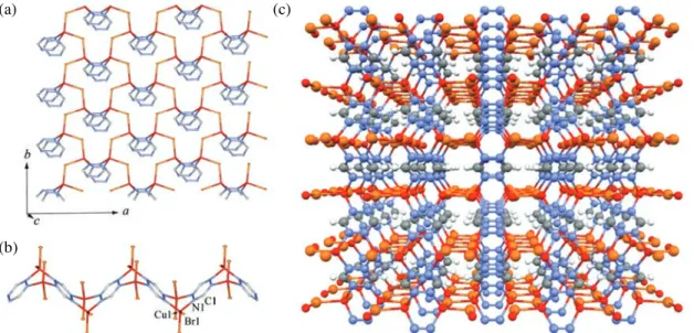Fig. 23 (a) 2D sheet structure consisting of 1D zigzag copper-bromide chains along the b-axis and bridging ttz  ligands of Complex 5