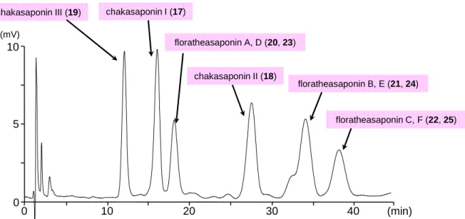 Figure 9.     A typical HPLC chromatogram (UV: 230 nm) of a standard solution mixture (each 500 ng) of  saponins (17—25)