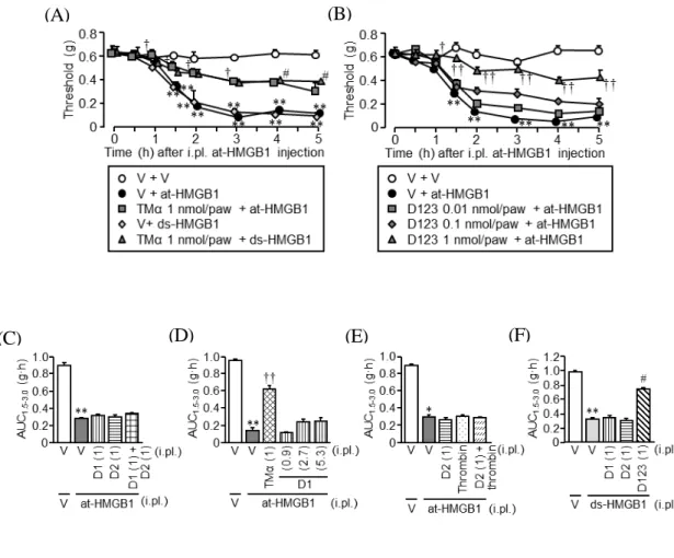 Fig. 7 Effects of  TMα  and yeast-generated recombinant proteins of human TM’s D1, D2 and  D123 on the HMGB1-induced mechanical allodynia in vivo