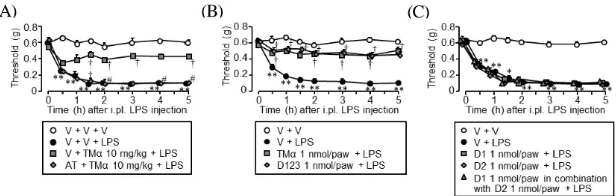 Fig. 8 は、 LPS 足底内投与誘起アロディニアに対する TM α及び各種トロンボモジュ