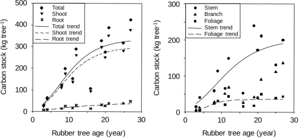 Figure 2.5 Changes in carbon stock in foliage (C foliage ), branches (C branch ), stem (C stem ) and  roots  (C root ),  aboveground  total  (C shoot )  and  whole  tree  total  (C total )  of  Hevea  brasiliensis in relation to their ages at the study sit