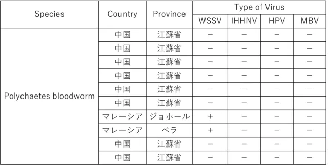Table 3-2.  産卵前に与える親エビの餌料(Polychaetes Bloodworm)の PCR 検査結果 