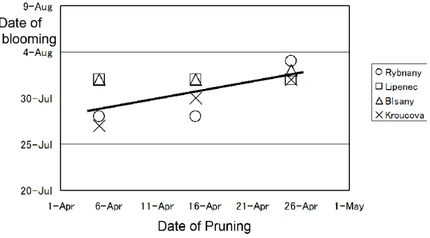 Fig. II-4. Relationships between pruning and blooming times. Both horizontal and vertical axes have 