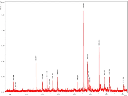 Fig. 34. Mass spectrum of the tryptic peptides obtained from a protein (spot no. 2). 