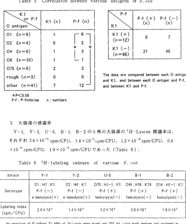 Table  5  Correlation  between  various  antigens  o f   E .  c o l z   K1  (n)  P ‑ f   (n)  01  (n=9)  ，:l 02  (n=4) O  *  *  04  (n=6)  06  (n=10)  075 ( n  =5)  2  2  rough  (n=3)  o  。 other  ( n  =4 1 )  7  12  *P く 0 