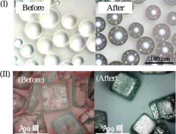 図 2 Pt 薄膜修飾前後の(I) PMMA 微粒子 2) と(II)  NaCl 粒子 1,3) の光学顕微鏡写真  After  Before  (Average)  2.2 nm  図 3 Pt ナノ粒子修飾前後の CNF の TEM 写真（棒 グラフ：担持された Pt ナノ粒子の粒径分布） 1) 富山大学五福地区技術部報告集 第１号 