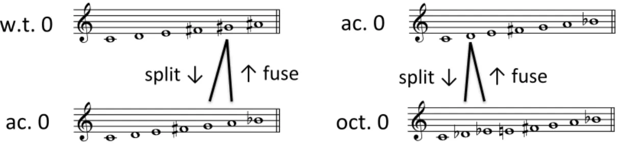 図 5.3. split と fuse ．ただし， w.t. 0 は C のピッチクラスから始まる全音音階（ whole-tone scale ）のピッチクラス集合を表し， ac