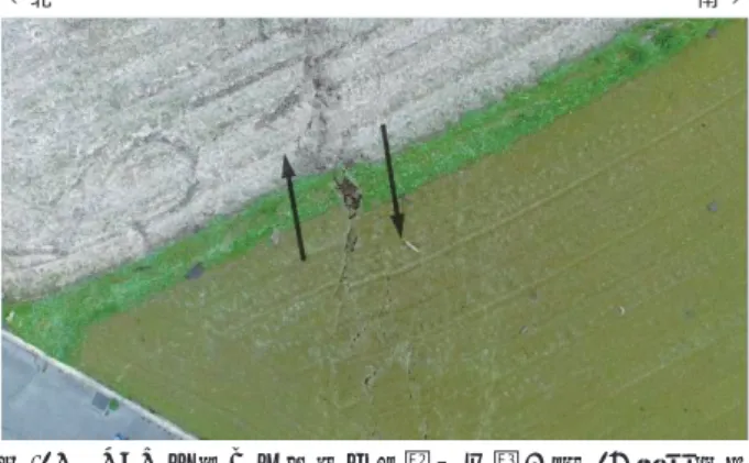 図 -13   空中写真（ 4 月 16 日撮影）で確認できる右横ずれ の亀裂（上）と同地点の現地写真（4 月 18 日撮影） （下） ．下の現地写真では，道路のセンターライン が約 1.2 m 右横ずれしている（赤白ポールの 1 目 盛は 0.20 m） ． 図 -14   空中写真（ 4 月 16 日撮影）で確認できる右横ずれ による雁行状配列の亀裂（上）と同地点の現地写 真（4 月 18 日撮影） （下）．下の現地写真では，白 破線で示したように，右横ずれにより，亀裂が「彡」 の字の形に雁行配列してい