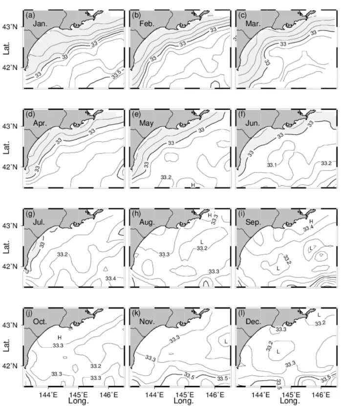 Figure 2-7.  Same as Fig. 2-6 except for salinity 