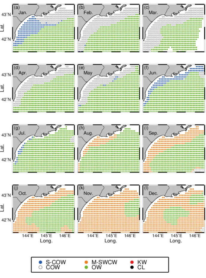 Figure 2-9 . Monthly variations in spatial distributions of water masses at 50m depth