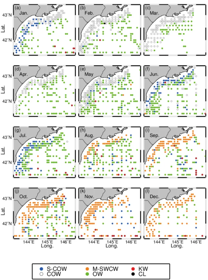 Figure  2-10.  Monthly variations in spatial distributions of water system disitributions at the 50m depth, White,  blue, orange, green, and red symbols denote COW, S-COW, M-SWCW, OW and KW, respectively 