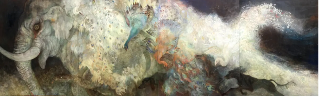 図 6 4   上 原 由 紀 子 「 再 生 の 行 進 」 紙 本 彩 色   1 6 2 × 5 2 0 c m   2 0 1 5 年