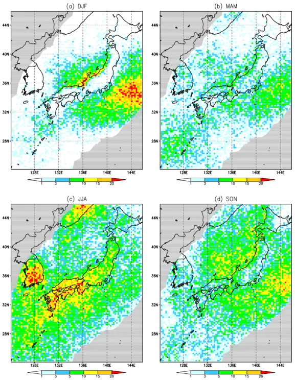 Figure 2.    The same as Figure 1, but for Distribution of Single-Lightning-Flash-Storm  (SLFS) day by LIDEN observation