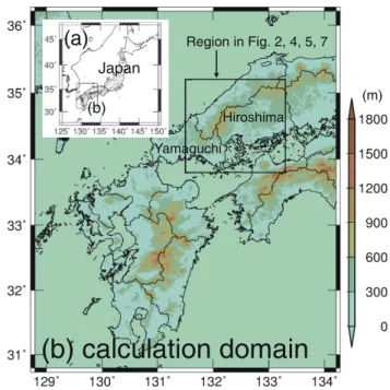 図 3  （a） 日本地図と（b）  CReSS の計算領域（600 km ×