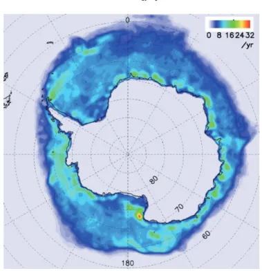 Fig. 2.    Spatial distribution of annual sea-ice reduction per unit area averaged  over 2003⊖2009.