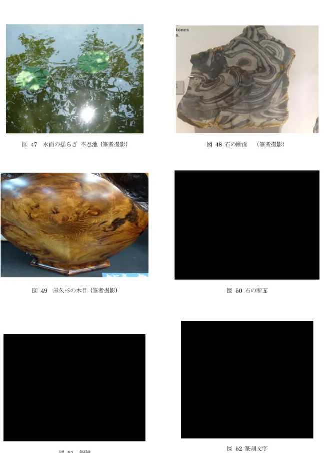 図  47  水面の揺らぎ  不忍池  (筆者撮影)  図  48  石の断面  （筆者撮影） 図  49  屋久杉の木目  (筆者撮影)  図  51  銅鏡  図  50  石の断面図  52  篆刻文字  ビジュアルイメージや自然物の収集(図53,54)をしていると、個々の対象の違いよりも類似性 が見えてくることが多い。特に自然物が何一つとして、骨格やシステムを独り占めしていない ように見える様子(図55,56)は、類似を越えて共有的とさえ思えてくる。パウル・クレーも、様々 なものを収集していたという