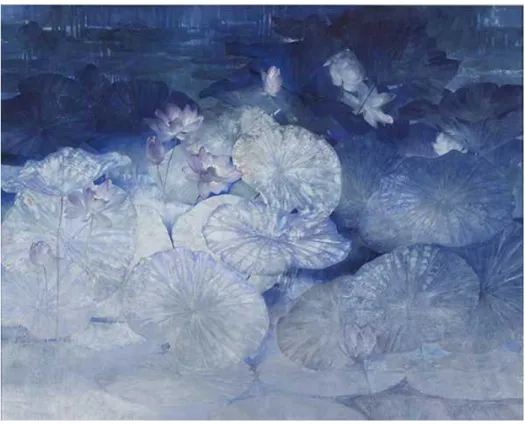 図  21  自作品「水音さやけし」  紙本彩色  181.8×227.3  2013 年    その執着心を拭い去る転機となった作品がある。ヴェネツィアの風景を描いた「宵 の口」という小作品である （図 22） 。ヴェネツィアは、日本とは建物も水も空気感も 違い、私はヴェネツィアの景色に対して、まるで自分の視野の外側から見ているよう な印象を受けた。この印象を表現できないかと、制作を試みることにした。    一度色を塗ってから全て布で洗い流し、上から白を重ね、対象物の均一化を図る。 一晩中、画面を洗っては