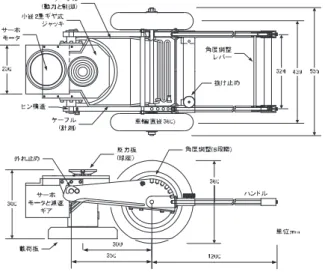 図 4-9  3 号機の構造  写真 4-7  3 号機の外観  調して伸張と収縮をする 4), 5) ．このジャッキは収縮時 に 318mm とコンパクトであるが伸張時は 518mm と なる．このコンパクトかつロングストローク可能な構 造によってドラグ・ショベルの下部に架台ごと挿入す ることができ，迅速なセッティングも可能となった． ジャッキの下側には先と同じく 100kN ロードセル(図 4-4 と図 4-5 参照 ) と直径 300mm の円形載荷板がシリ ンダーに剛結されており，載荷荷重を実測する