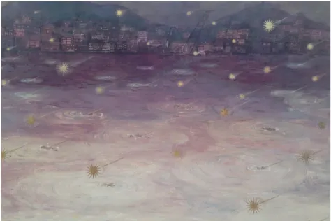 図  17、図  18 は星を描いた自作品である。図  17 は、海という都市の発展にも大きな 役割を担ってきた身近な大自然が、簡単に形を変え、揺らいでしまう様子を描いた。星が 降ってくるというファンタジーの要素を取り入れながら、前節で述べた、不安や恐怖の中 の美しさを表現した作品である。図  18 は、よりファンタジーの要素を強めた作品であ る。  人々の過去-現在-未来を繋ぐ海と星は、自身の作品をユートピアとして創り上げるの に、欠かせないモチーフとなっている。                     
