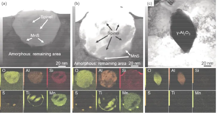 Fig. 2 Bright field images of inclusions and EDS maps: (a) B1L; (b) B1X; (c) B1H. 