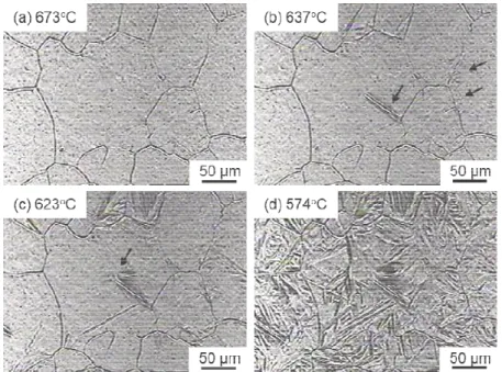Fig. 4 The In-situ observation of transformation behavior in B1X: (a) 670°C; (b) 627°C; (c) 615°C; (d) 579°C
