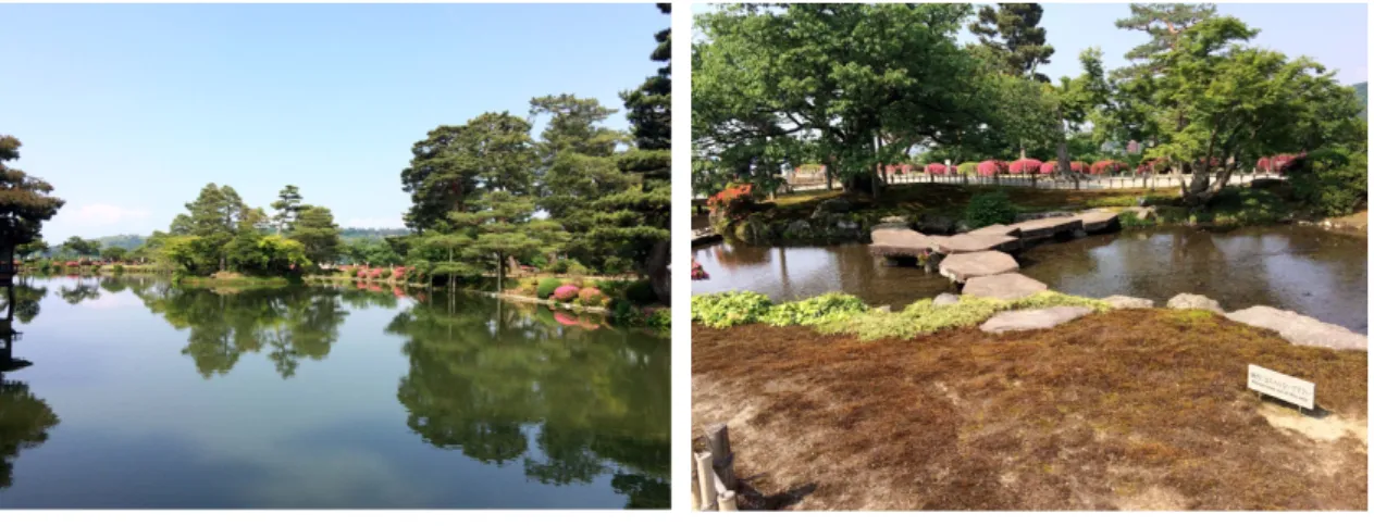 図 34 と図 35 は、⽇本三名園の⼀つに数えられる⽯川県の兼六園である。広⼤な霞ヶ池（図 34）を中⼼とした回遊式の庭園で、園内には多くの橋や岩、灯篭などが設置されている。そ れぞれ何かしらの意味があり、例えば図 35 の雁⾏橋は、雁が列をなして⾶んでいく姿を表 すなど、様々なメタファーが隠されている。回遊式の庭園は中国やヨーロッパに多く⾒られ るが、⽇本の回遊式庭園は、上述のような様々な意味を象徴的に抽象化することで、限られ た⾯積で広⼤な世界を表しているのではないだろうか。             