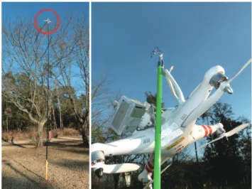 Fig. 22  10 m long extension rod for retrieving multicopter  landed on a tree. 7 ） 工具・パーツ類 現場での機体の破損や故障修理のために工具一式 とパーツ類が必要である．大きな工具は必要ないの で，持ち運びの容易な小さな工具カバン程度が便利 である．また，バッテリーや補助機材の機体への取 り付けや，ちょっとした修理，保護などに，強度と 粘着力がほどよい養生テープは非常に重宝する．ま た小さいタイラップや強力両面テープも用意して