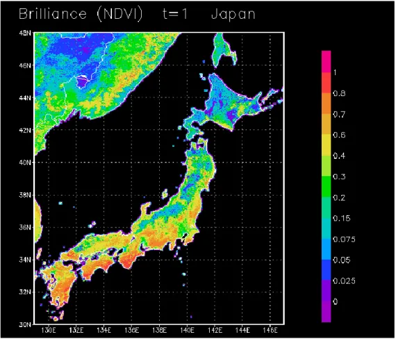 図 1.5  日本の NDVI マップ(1 月)  1.5  研究背景  内閣府宇宙開発戦略本部により，平成 25 年 1 月に決定された宇宙基本計画 では， ISS  からの超小型衛星の放出と，衛星の小型化や民生品の利用等による コストの低減が推進されている[10]．また、大学や企業による実利用を目指し た衛星は，主に 50kg 級の小型衛星として開発されている．このように，小型 衛星の開発が活発に行われている．小型衛星は，雷神のスプライト観測，ほど よし衛星のマルチスペクトル観測など，地球観測が主なミッ