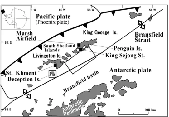 図 1  サウスシェトランド諸島と南極半島間のブランスフィールド海盆とプレート境界．四角で囲まれ た領域は 2011 年 1 月の調査予定地．黒三角の付いた線は太平洋プレート(Phoenix plate)が南極プ レートに潜り込む，沈み込み帯．白矢印の付いた線はブランスフィールド海盆のプレート拡大軸．