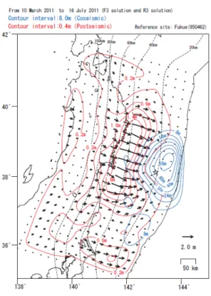 Fig. 10  Slip distribution model for postseismic crustal  deformation of the 2011 off the Pacific coast of  Tohoku Earthquake, based on GEONET  observations (blue lines), overlaying the coseismic  slip distribution based on GEONET observations on  land and