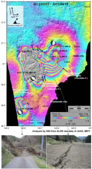Fig. 12. An interferogram showing crustal deformation  associated with the 3/19 (M j  6.1) event, the 3/23 (M j