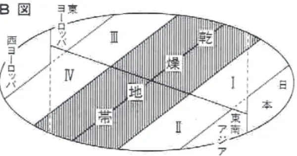 図表 3　梅棹忠夫の文明の生態史観 出典　梅棹忠夫『梅棹忠雄著作集　第 5 巻　比較文明学研究』136、142 ページ。 第 2 節　アフリカ研究 京都大学は、この海外遠征に続けて、1963 年 1 月から 64 年 3 月のアフリカ調査にでか けている。この結果は『京都大学アフリカ学術調査隊中間報告』にまとめられているが、 類人猿班と人類班に分かれ、日本で始めた猿の研究をアフリカに広げた。そこで伝統的な 人類学とに分担してコンゴのタンガニイカ湖東岸で調査を始め、現在の京都大学のアフリ カ学の先鞭をつけてい