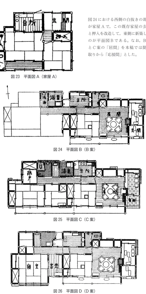 図 24　平面図 B（B 案） 図 25　平面図 C（C 案） 図 26　平面図 D（D 案）図 23　平面図 A（家屋 A） 図 24 における西側の白抜きの部分が家屋 A で，この既存家屋の玄関と押入を改造して，東側に新築したのが平面図 B である。なお，B 案と C 案の「居間」を本稿では聞き取りから「応接間」とした。