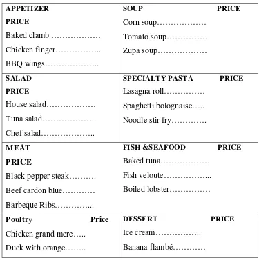 Table d’hote merupakan kelompok menu bebrapa  item makanan dengan 