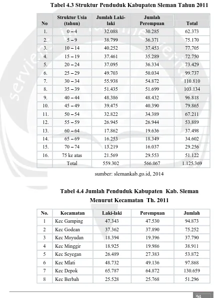 Tabel 4.3 Struktur Penduduk Kabupaten Sleman Tahun 2011 