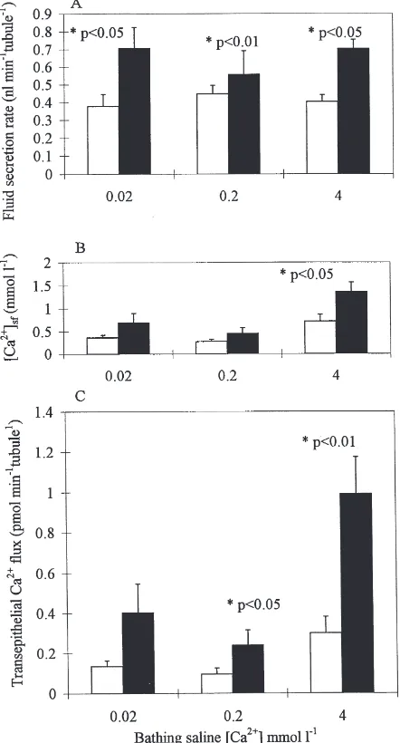 Fig. 2.Effects of changes in bathing saline calcium concentrationson transepithelial calcium transport