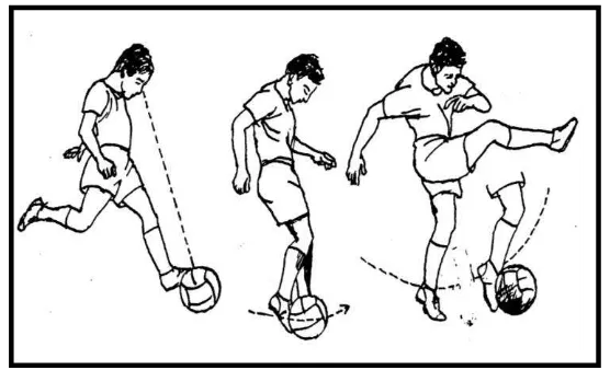Gambar 1 . Menendang Bola Menggunakan Punggung Kaki  (Remmy Muchtar, 1992: 31) 