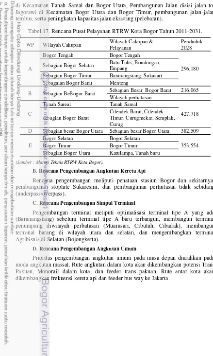 Tabel 17. Rencana Pusat Pelayanan RTRW Kota Bogor Tahun 2011-2031. 