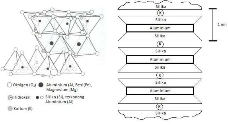 Gambar 2.2 Struktur atom illite (Das, 2006) dan diagram skematik struktur illite