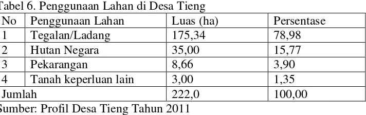Tabel 6. Penggunaan Lahan di Desa Tieng 