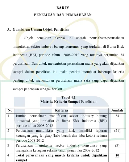 Tabel 4.1 Matriks Kriteria Sampel Penelitian 