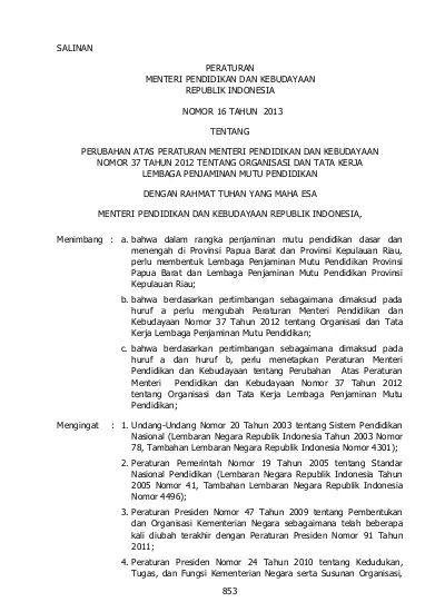 PERATURAN MENTERI PENDIDIKAN DAN KEBUDAYAAN REPUBLIK INDONESIA NOMOR 16 ...